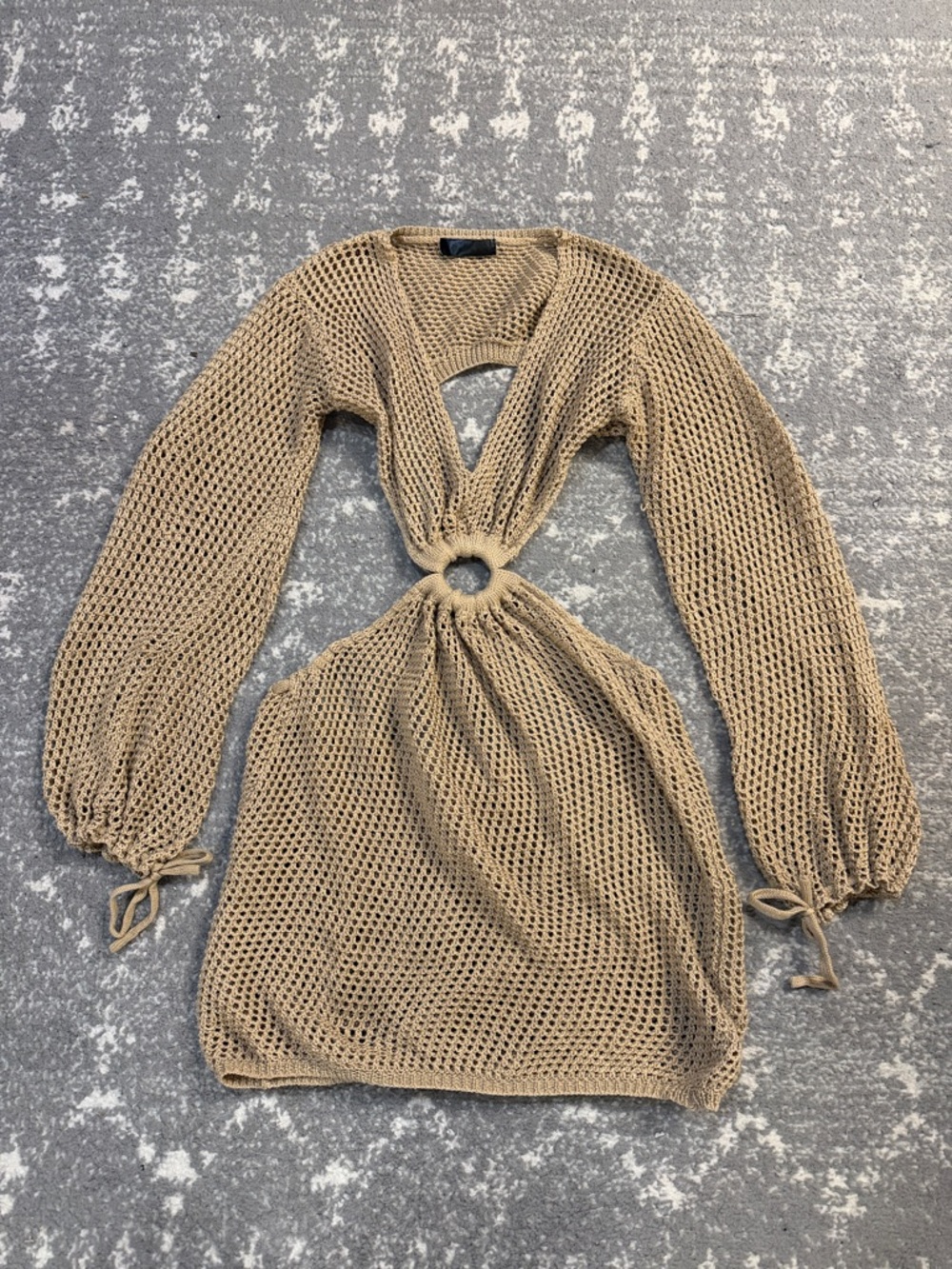 Open-Knit Beige Ring-Front Swim Coverup with Bishop Sleeves